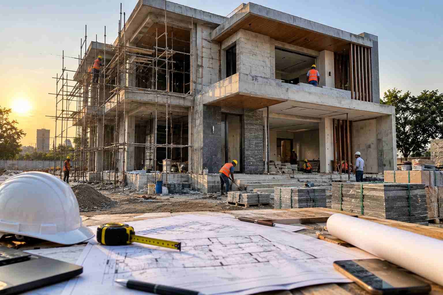 Realistic engineering design and construction site showing a modern two-story house under construction, scaffolding, workers, building materials, blueprints, and construction tools.