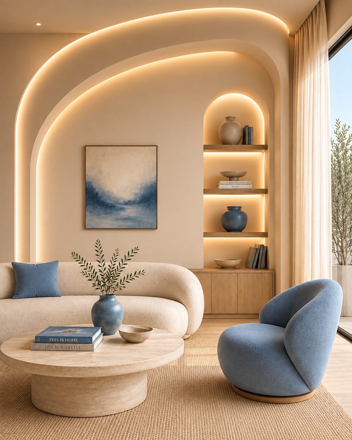 Modern luxury living room with curved beige walls, warm LED lighting, built-in wooden display shelves, a cream sofa, blue accent chair, round travertine coffee table, and indoor green best interior designer
