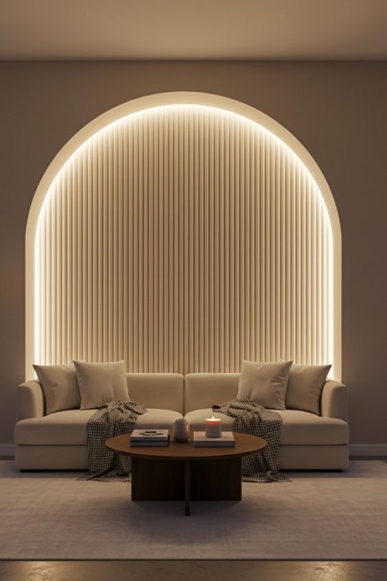 Elegant living room with a beige sofa, arched fluted wall panel, warm LED backlighting, round wooden coffee table, and soft neutral interiors.