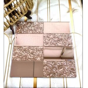 rose gold mosaic tiles with a combination of plain and textured reflective tile patterns