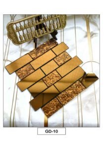 gold and bronze mosaic tile design with rectangular pieces and textured metallic accents.