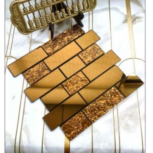gold and bronze mosaic tile design with rectangular pieces and textured metallic accents.