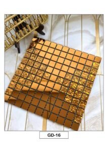 golden mosaic tiles with reflective and textured square patterns