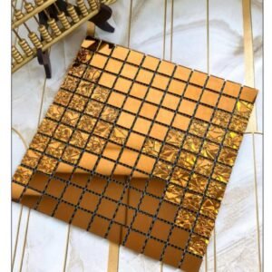 golden mosaic tiles with reflective and textured square patterns