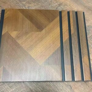 Brown geometric wood-finish fluted wall panel with dark grey vertical grooves and a modern angular pattern.