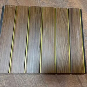 Brown wood-textured fluted wall panel with vertical golden strips