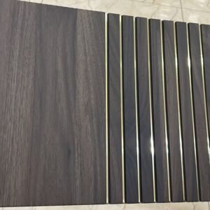 Dark brown wooden fluted panel with elegant golden strips for interior wall decoration