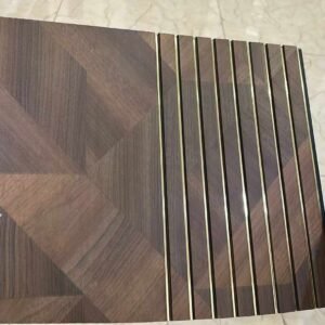 Brown wood-finish fluted panel with geometric pattern and elegant golden strips