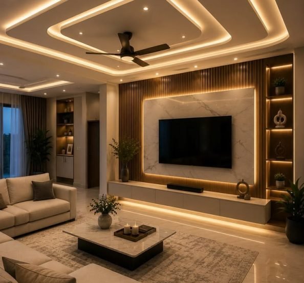 Luxury modern living room featuring a layered false ceiling with warm LED lighting, elegant TV wall with marble panel and wooden fluted accents, built-in display shelves, beige sofas, and a stylish coffee table.