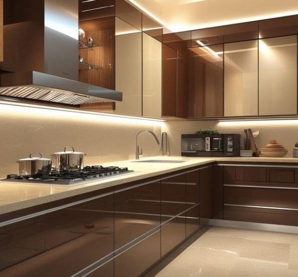 Modern modular kitchen with glossy dark brown cabinets, cream countertops, warm LED lighting, built-in appliances, gas cooktop, and an elegant L-shaped layout.