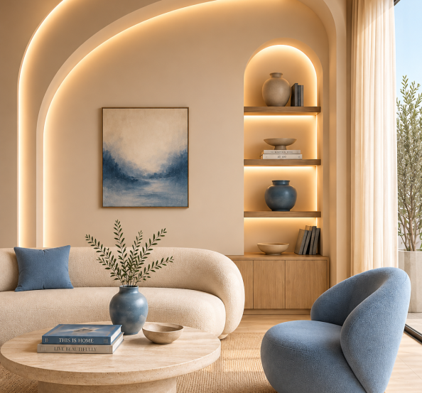 Modern luxury living room with curved beige walls, warm LED lighting, built-in wooden display shelves, a cream sofa, blue accent chair, round travertine coffee table, and indoor greenery